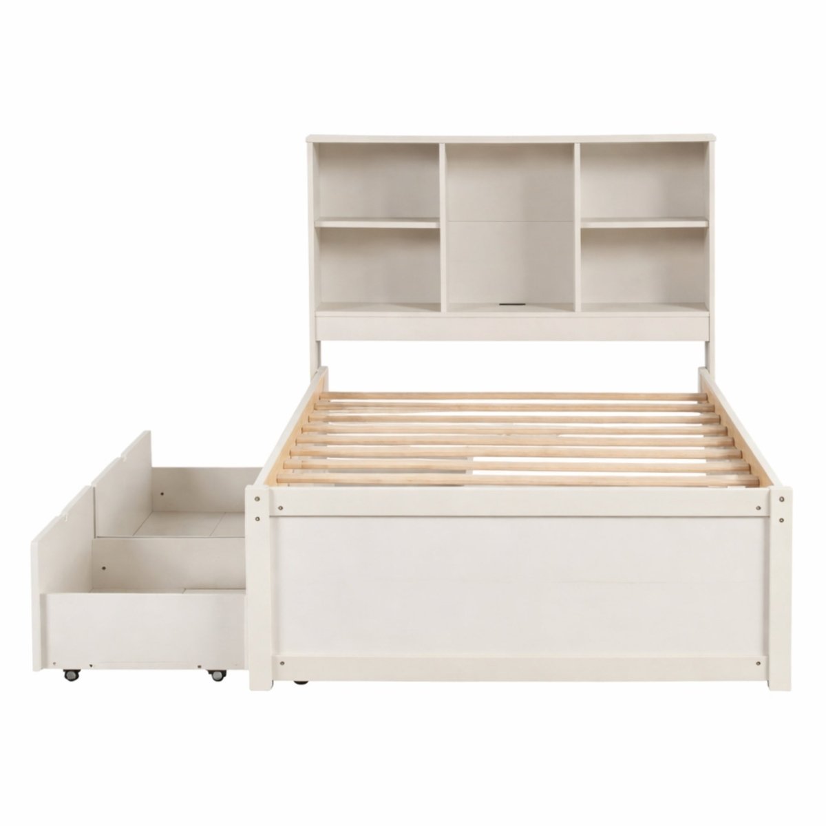 Solid wood twin bed frame showing two large storage drawers pulled out on smooth casters and a slatted platform base requiring no box spring.