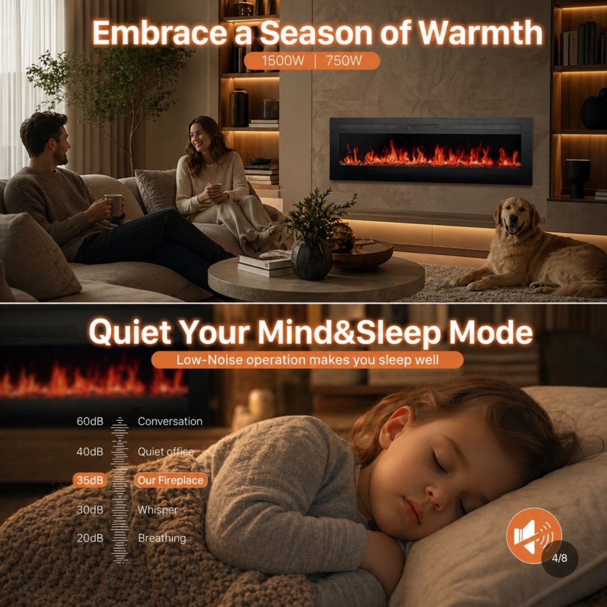 Sleeping child demonstrating the whisper-quiet 35dB low-noise sleep mode operation of the Kouvr electric fireplace heater