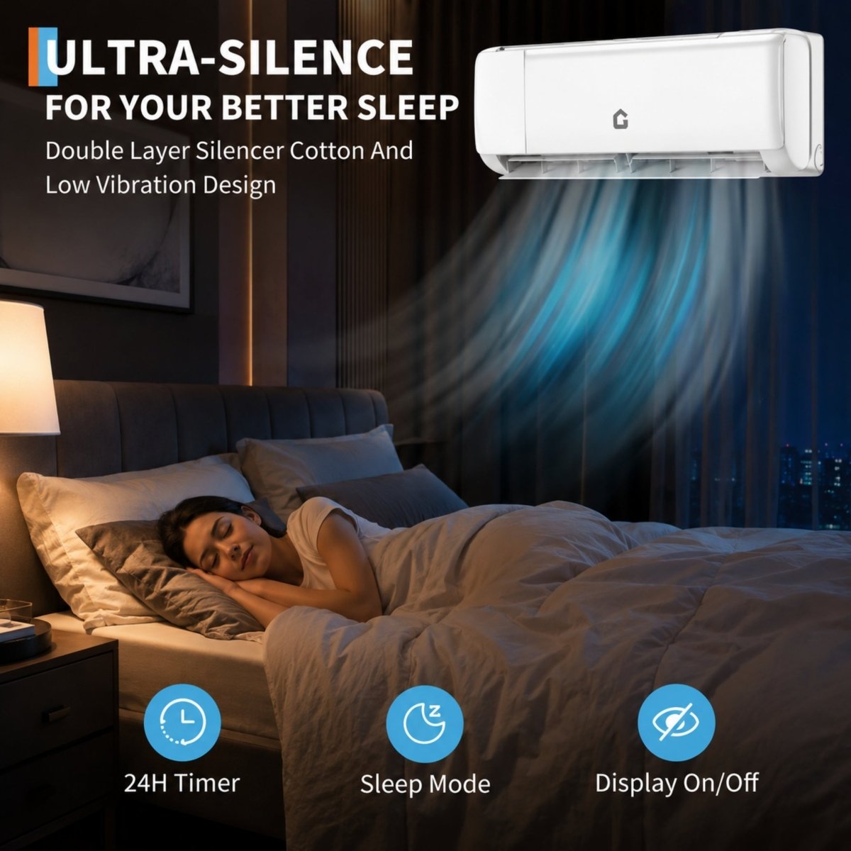 Woman sleeping peacefully in a bedroom cooled by the ultra-silent Kouvr mini split AC featuring sleep mode and low vibration design.