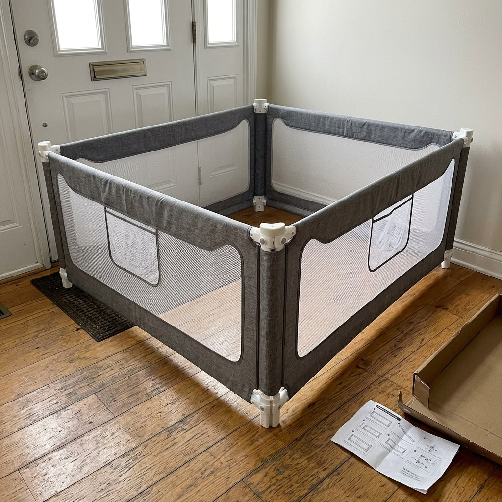A fully connected, freestanding square configuration of the Kouvr toddler bed rail guard shown on a hardwood floor next to its shipping box and paper installation guide.