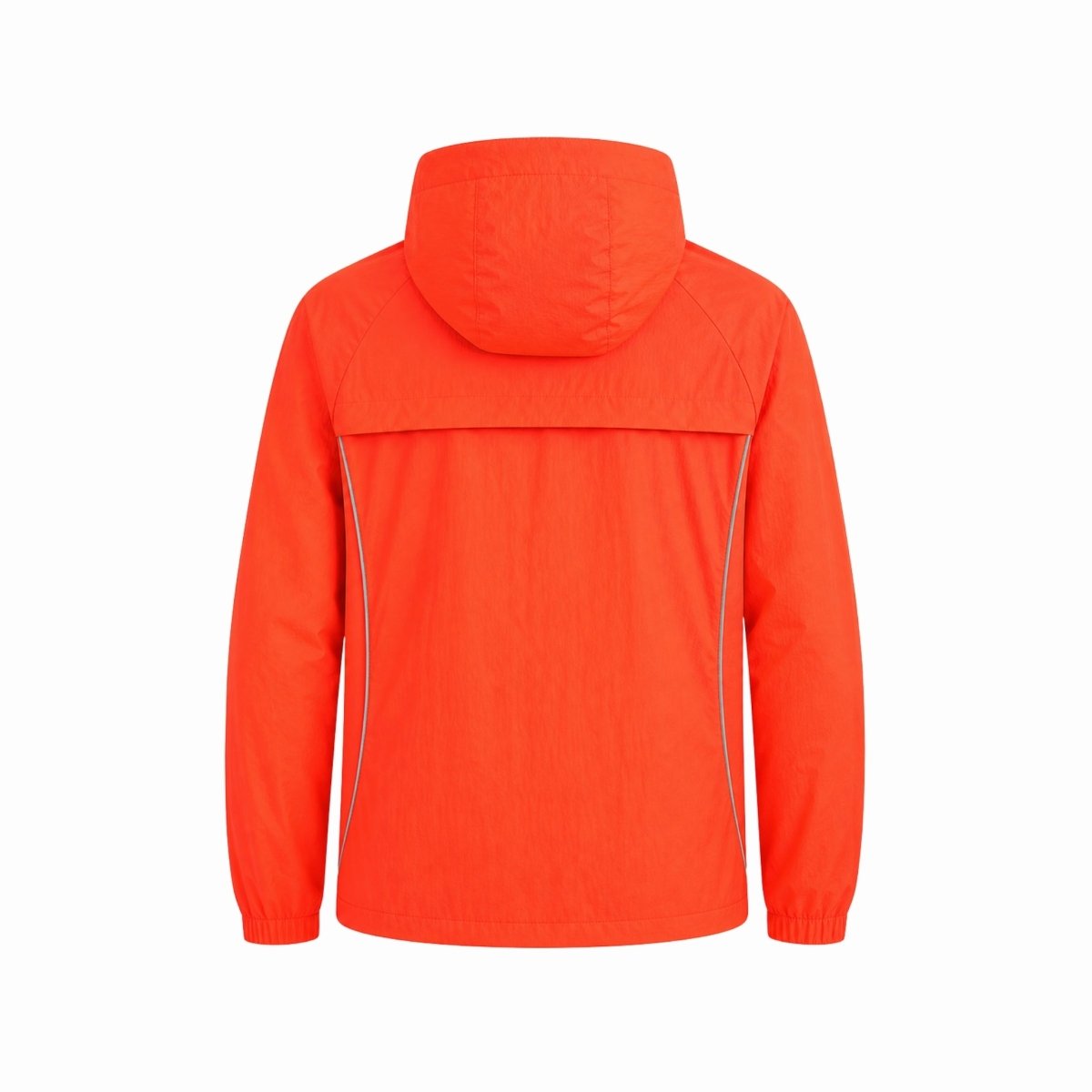 Flat lay back view of Kouvr bright orange lightweight outerwear jacket detailing the back vent flap and technical fabric texture.