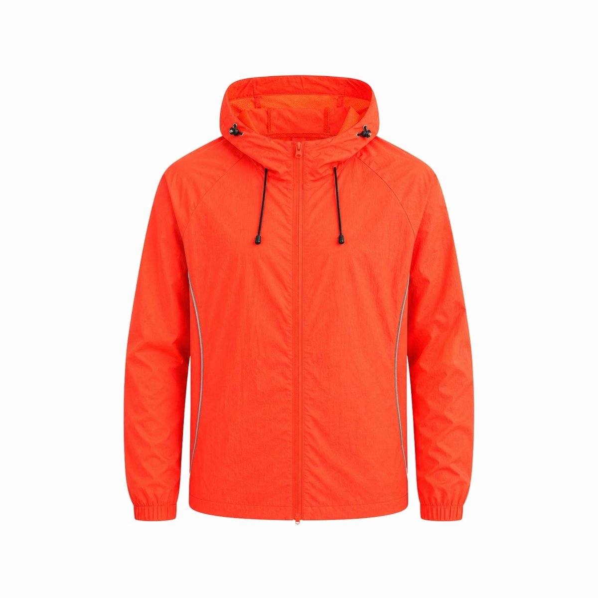 Flat lay front view of Kouvr bright orange full zip windbreaker jacket showcasing the adjustable drawstring hood and elastic cuffs.