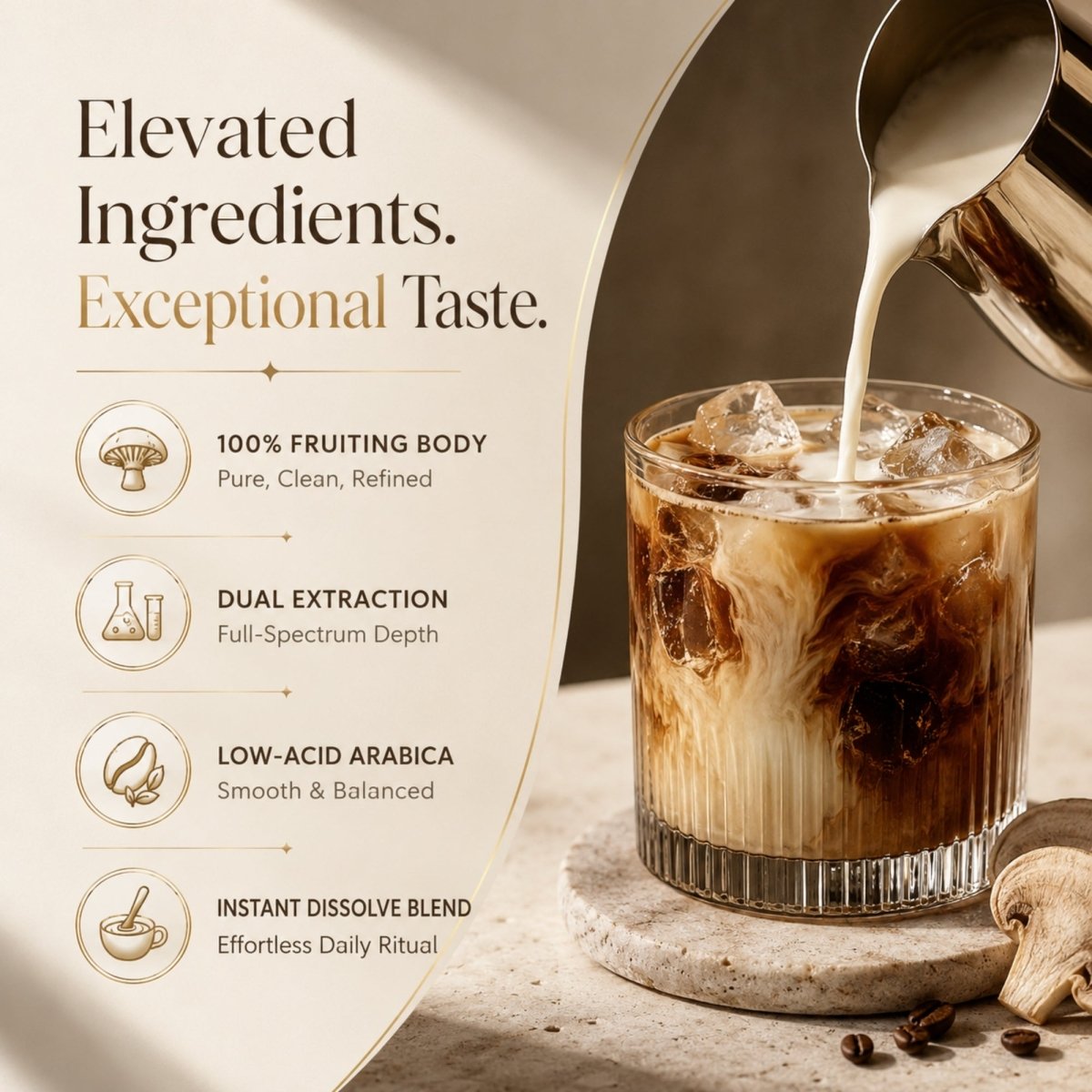 Cream being poured into an iced glass of Velora Myco instant dissolve mushroom coffee made with low-acid Arabica beans and dual-extracted 100 percent fruiting body mushrooms.