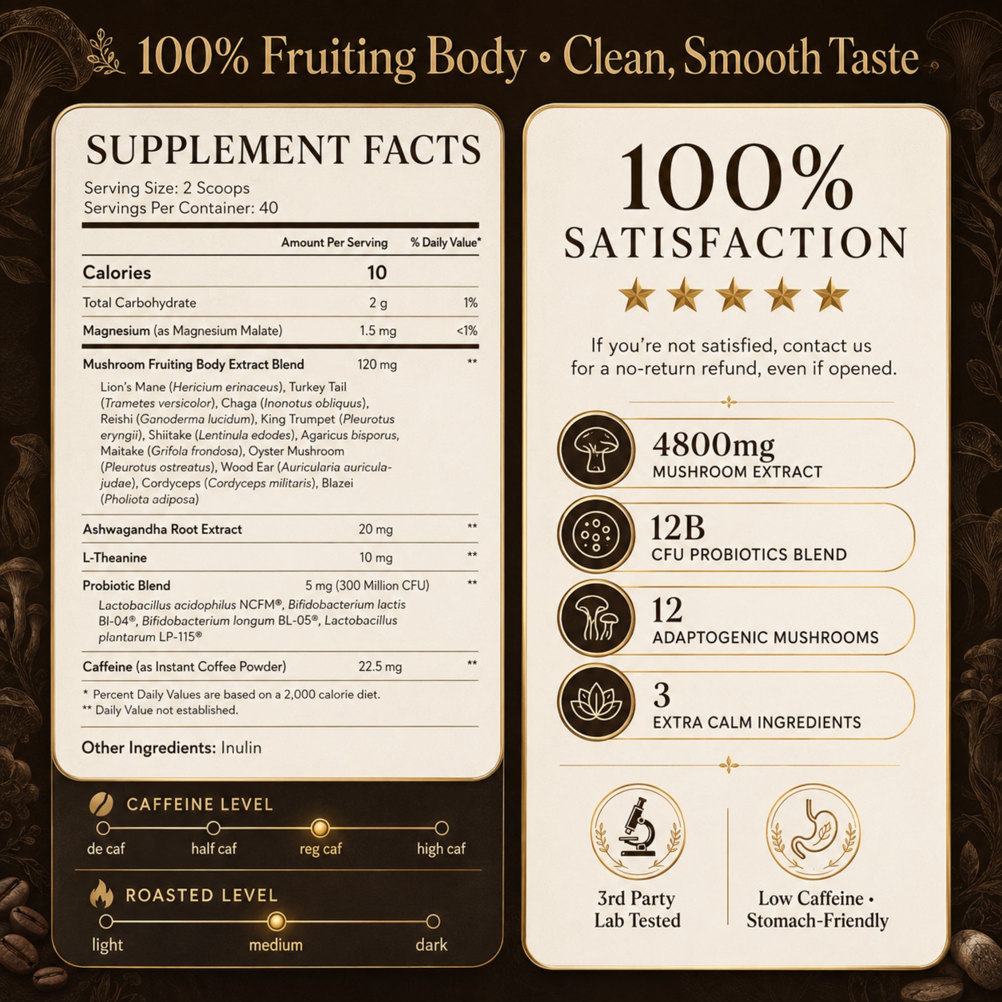 Nutritional label and supplement facts for Velora Myco Mushroom Coffee highlighting 4800mg fruiting body extract, 12 billion CFU probiotics, ashwagandha, and low-caffeine malate ingredients.