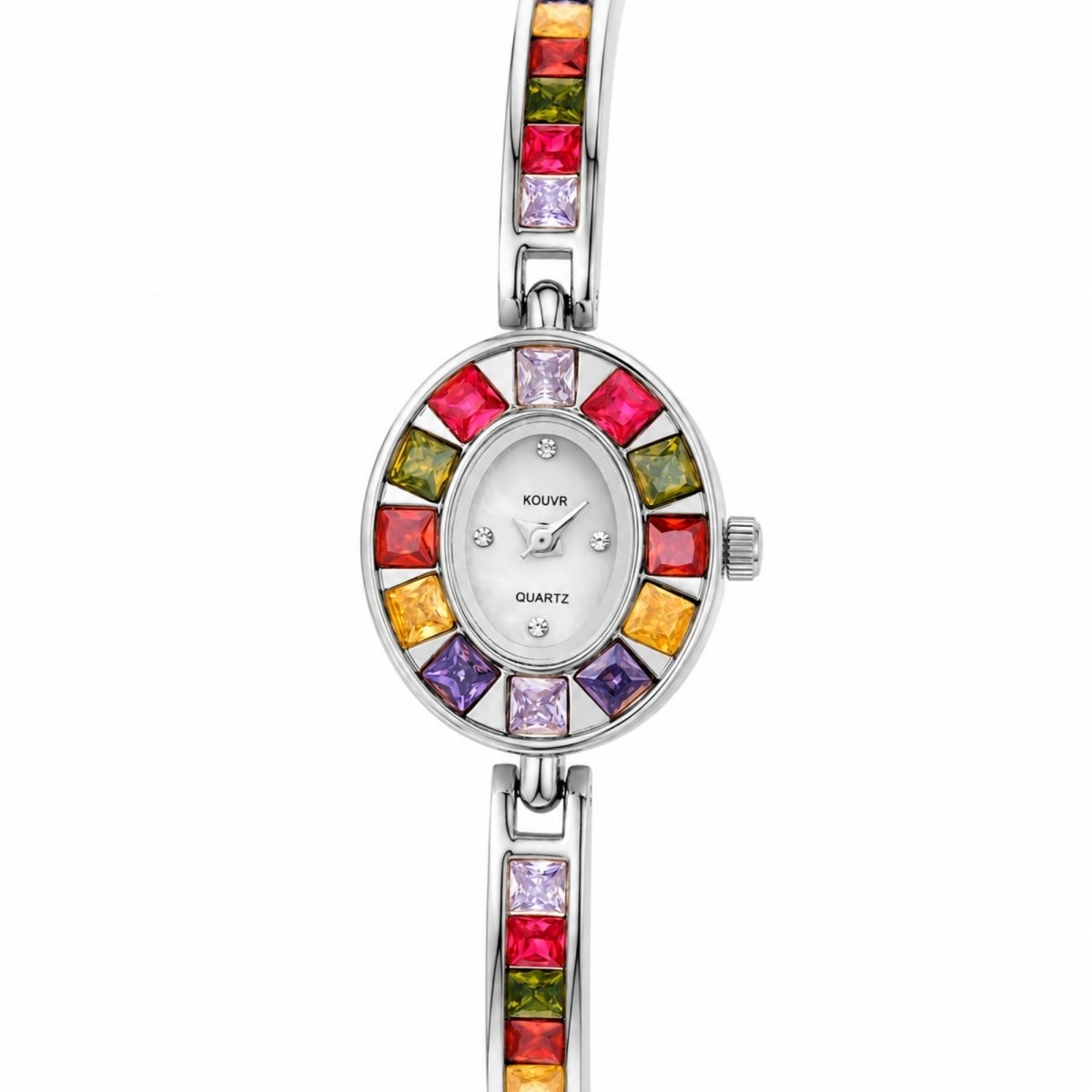 Straight front view of the Kouvr ladies watch featuring a polished silver oval case, white dial, and multicolored square cut crystals