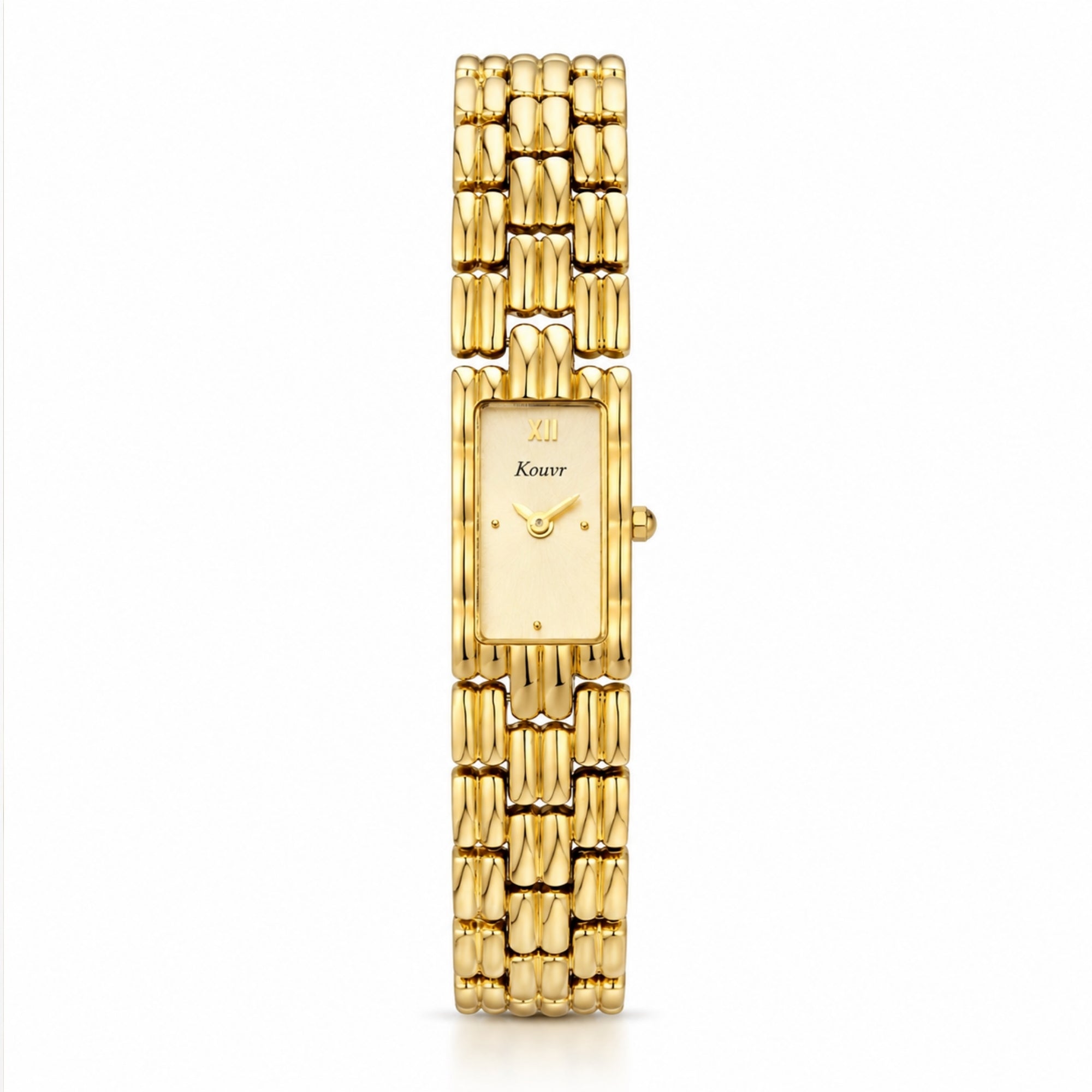 Straight view of the Kouvr women's gold timepiece featuring a minimalist rectangular dial, classic Roman numeral XII, and a unique ribbed link bracelet.