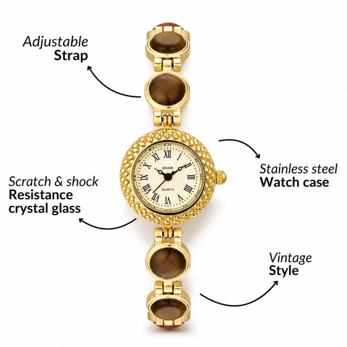 Top down view of the Kouvr gold women's watch featuring a unique mixed bracelet of vibrant turquoise and rich brown tiger's eye semi-precious stones.