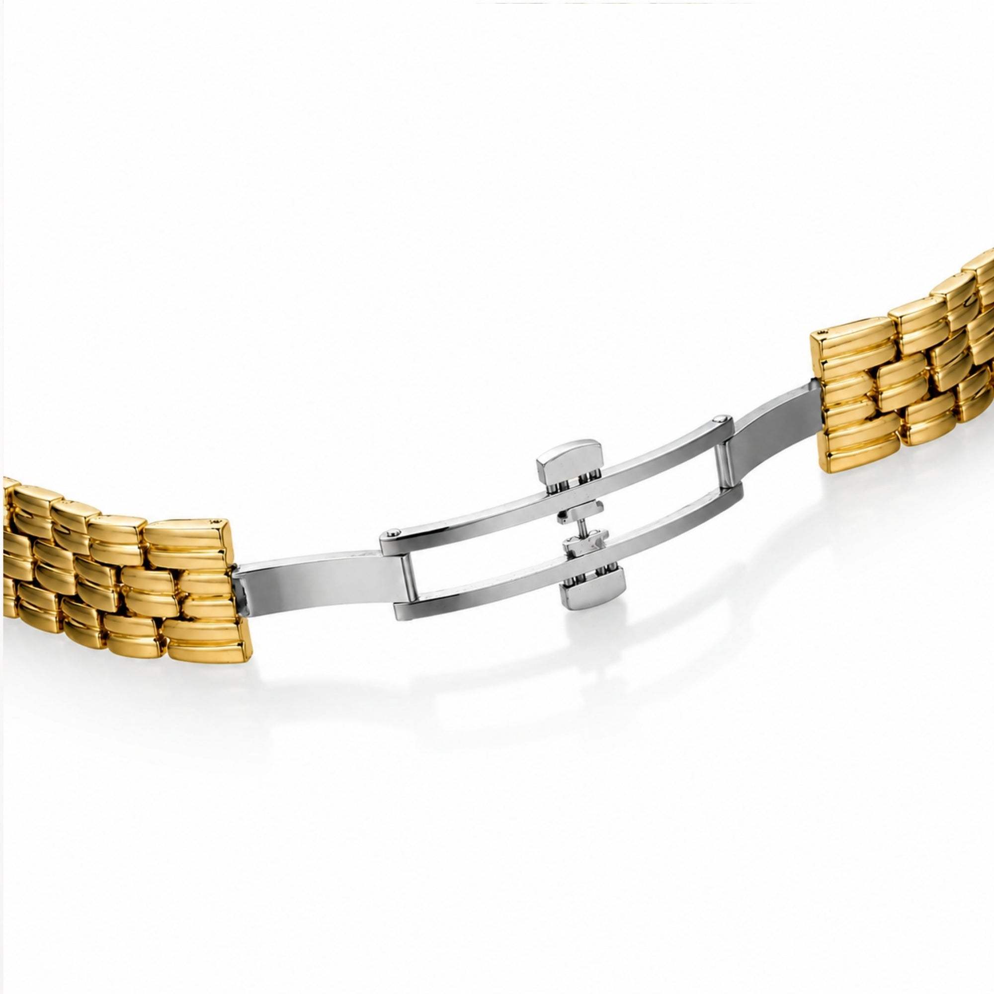 Detailed view of the open stainless steel butterfly deployant clasp mechanism on the Kouvr adjustable gold watch strap for secure daily wear.