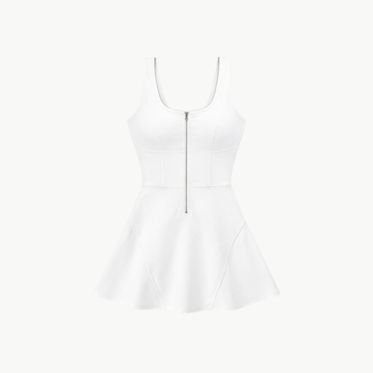 Front product view of a white athletic dress showing a sporty racerback cut and paneled mini skirt