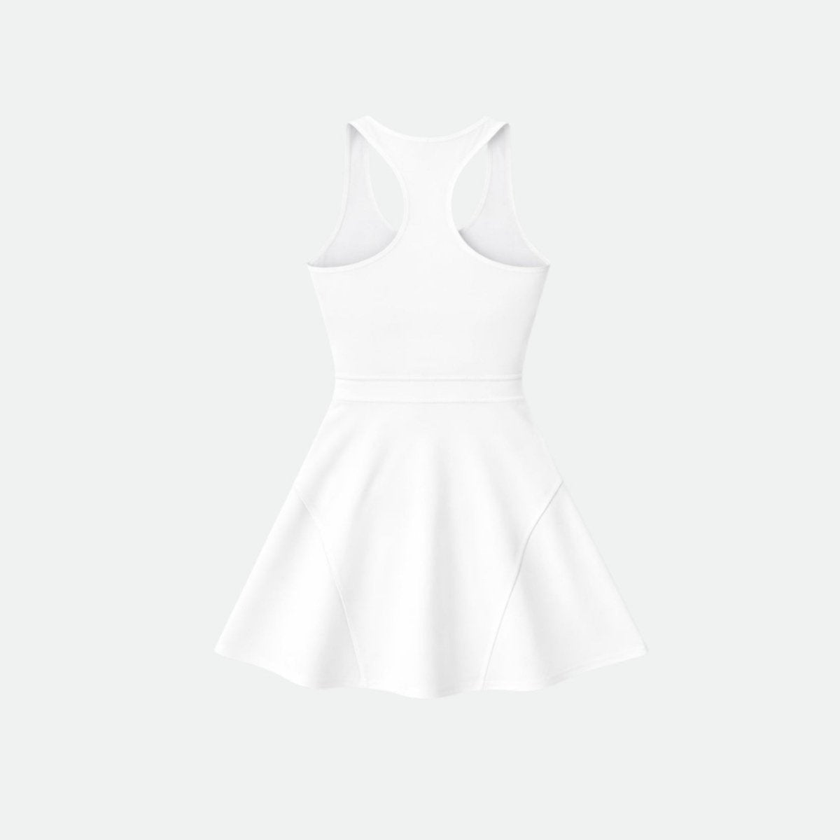 Back product view of a white athletic dress showing a sporty racerback cut and paneled mini skirt