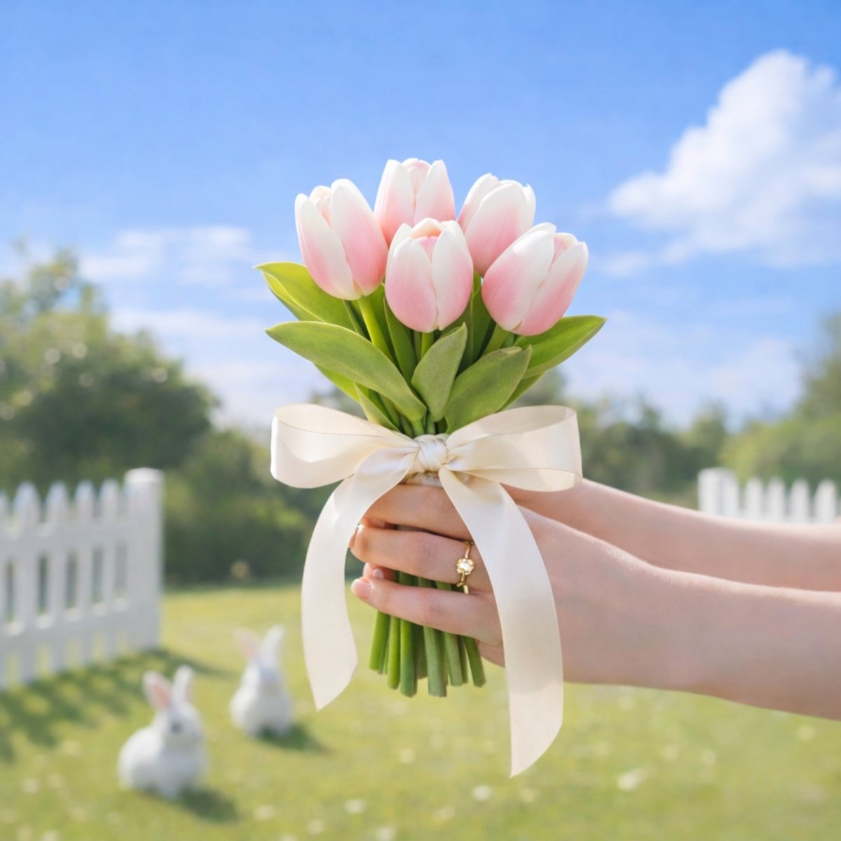 Hands present a large bouquet of white tulips, each petal tipped with delicate pink, tied with a cream ribbon. The outdoor background includes a white fence and two small white bunny figures.