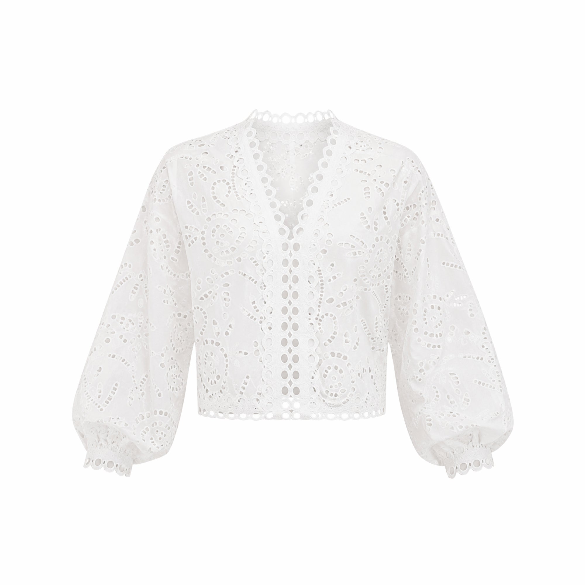 Flat lay front view of the white eyelet V-neck summer blouse featuring intricate cutwork by designer brand Kouvr.