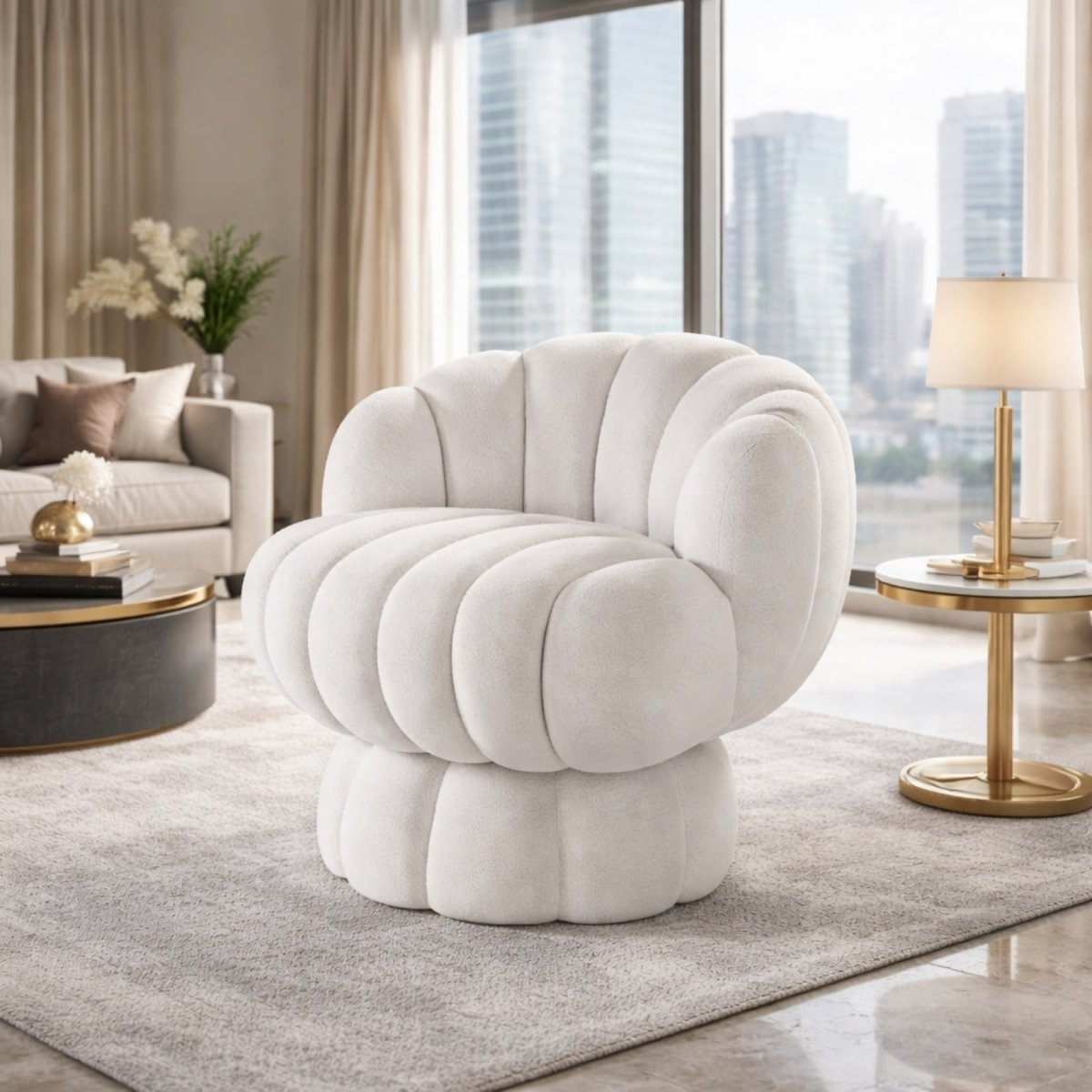 White channeled barrel swivel chair sitting by a large window with a city skyline view.