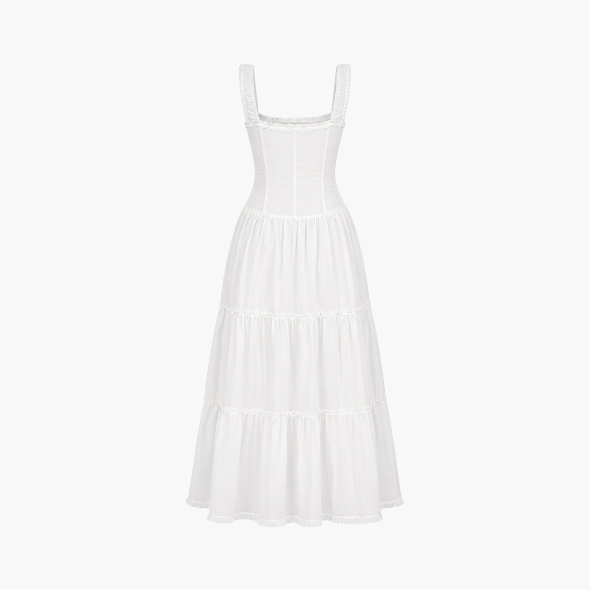 Flat lay back view of a luxury white summer sundress highlighting the structured waist seaming and tiered flowy skirt.