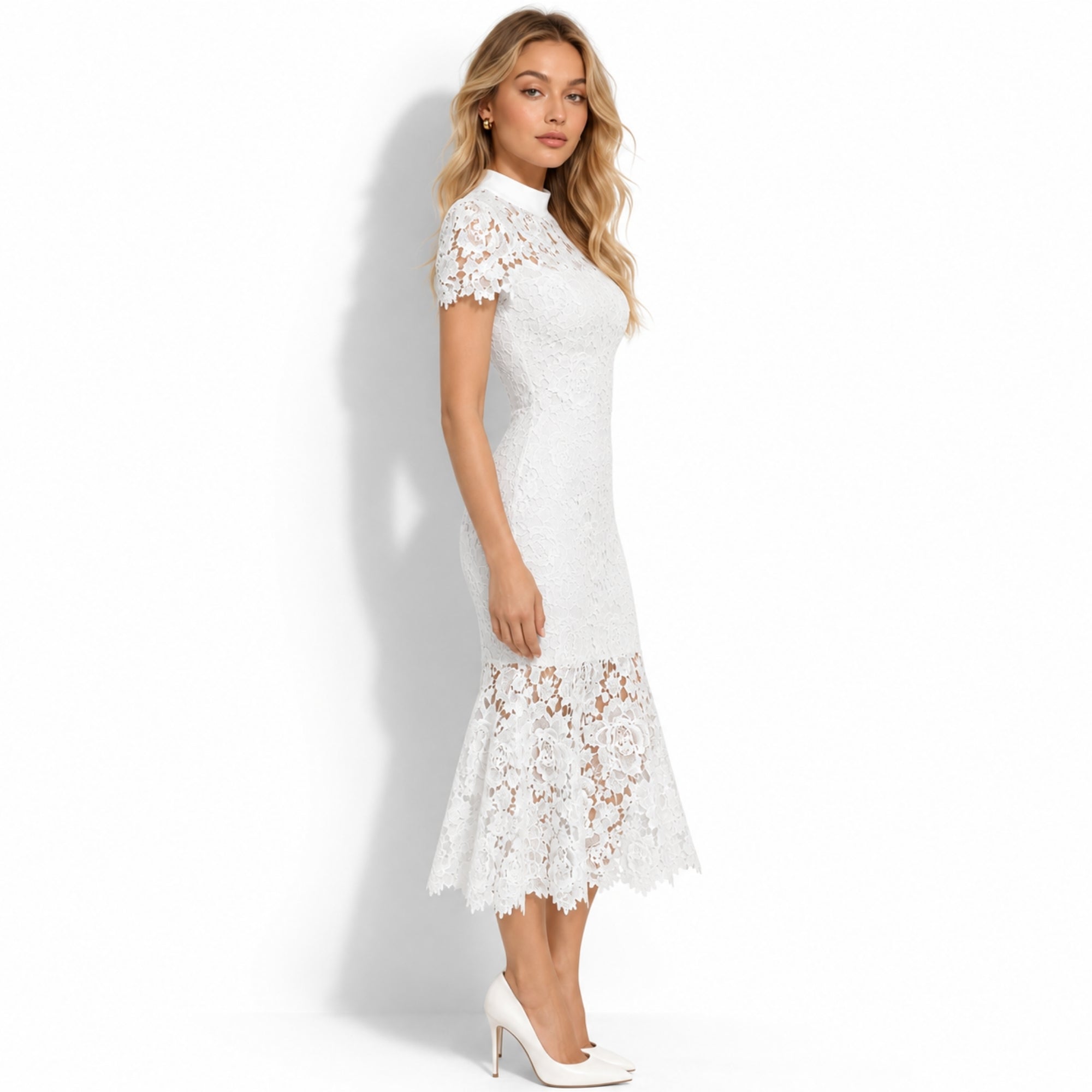 Side profile of white sheer lace short sleeve midi dress on beautiful blonde female model.