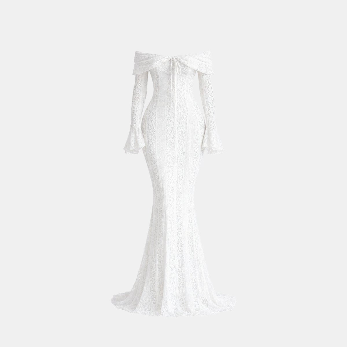 Front flat lay view of Kouvr white lace off the shoulder long sleeve dress highlighting sweetheart neckline and front tie string detail