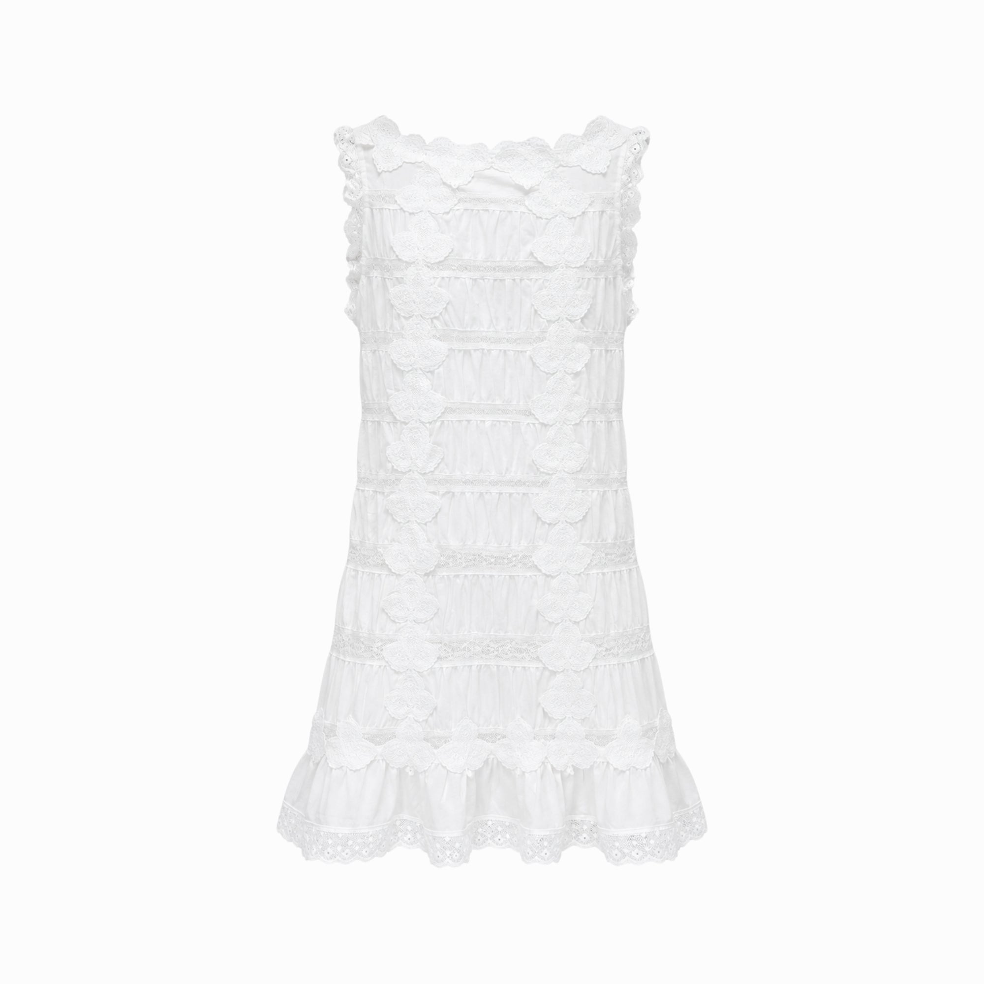 Detailed back view of Kouvr white lace summer mini dress highlighting tiered construction and scalloped edges