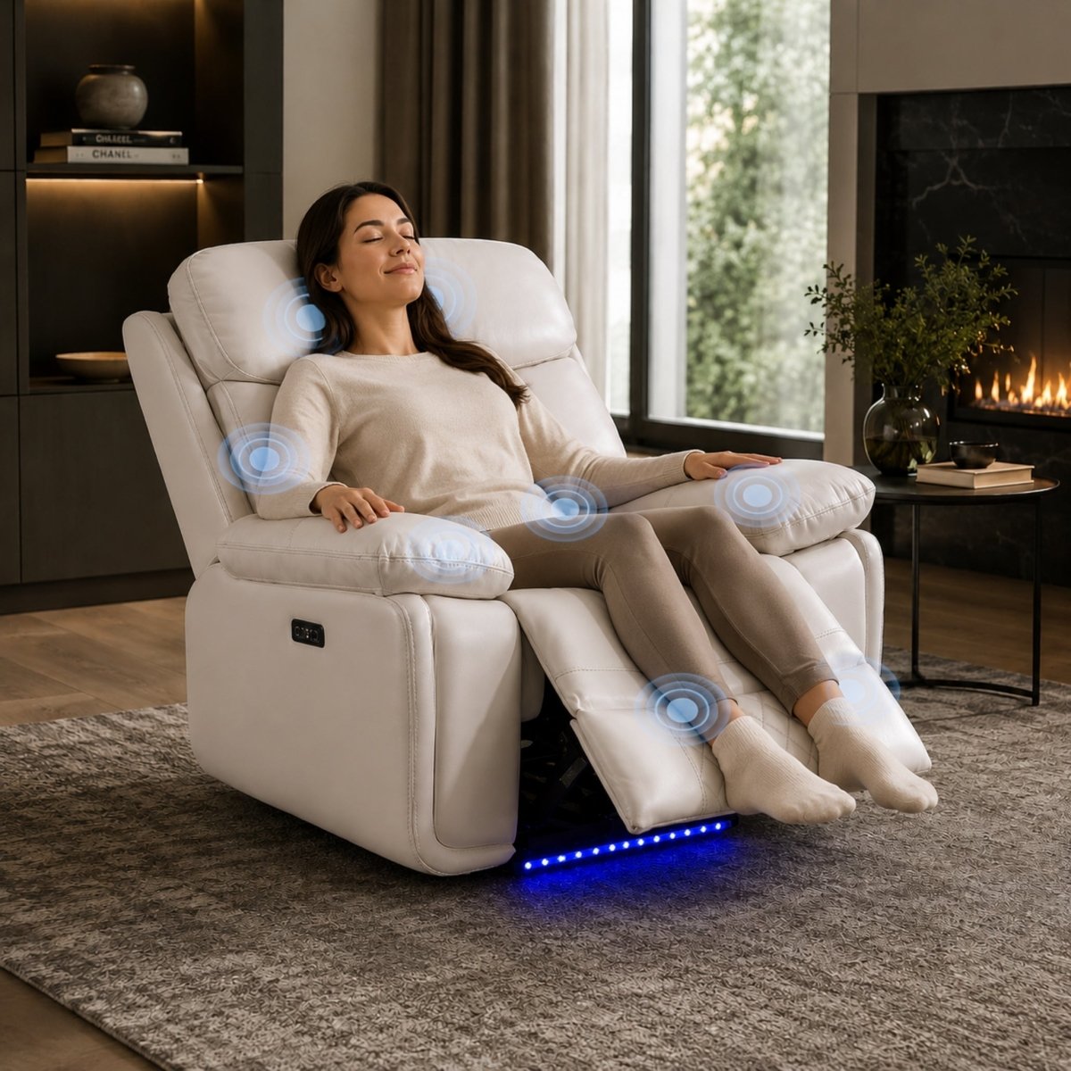 Woman relaxing in white faux leather power recliner with blue massage zone graphics in a modern luxury living room.