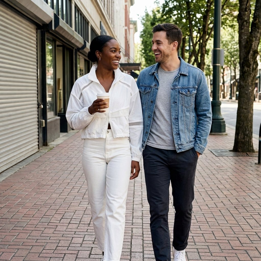 Lifestyle shot of a woman smiling outdoors wearing the white cropped windbreaker jacket on a city street