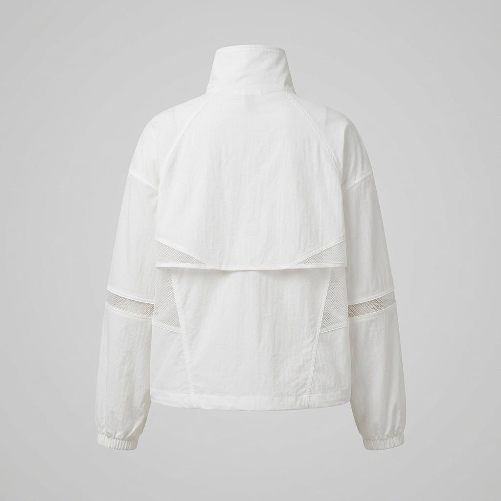 Back product shot of the white sporty outerwear jacket showing back cape detail and mesh