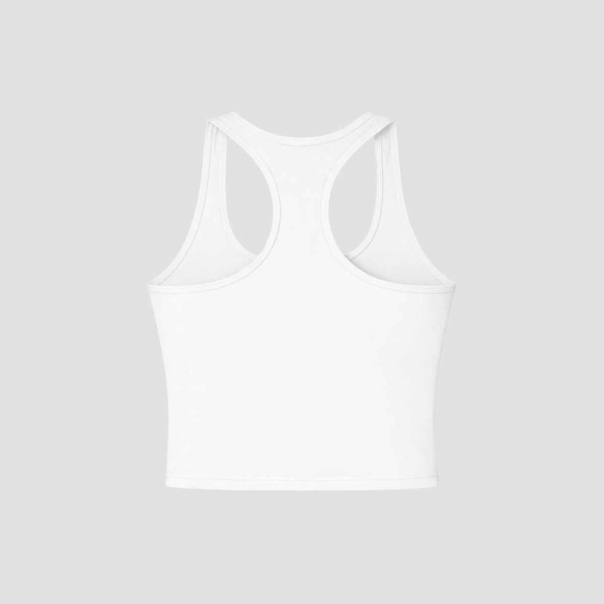 Flat lay front view of a white ribbed racerback crop tank top with scoop neckline.