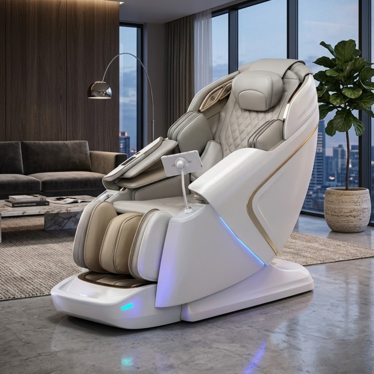 Kouvr white and rose gold luxury 4D zero gravity massage chair with touchscreen tablet in a modern sunlit living room