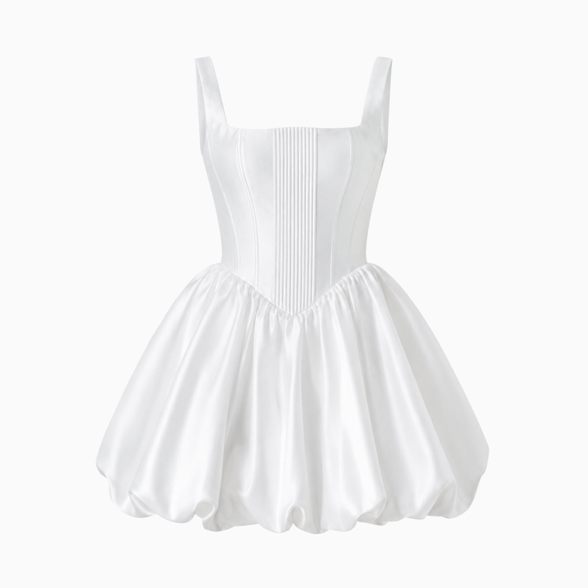 Front flat lay view of a white satin mini dress highlighting the pleated architectural corset boning, square neckline, and bubble skirt construction.
