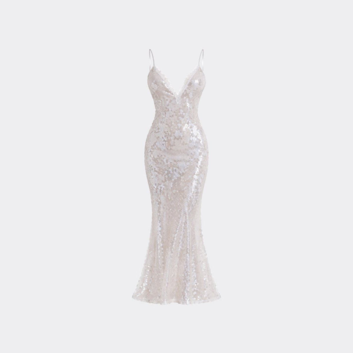Ghost mannequin front view of the Kouvr white sequin plunging V-neck evening gown, displaying the intricate sequin pattern and elegant neckline detail.
