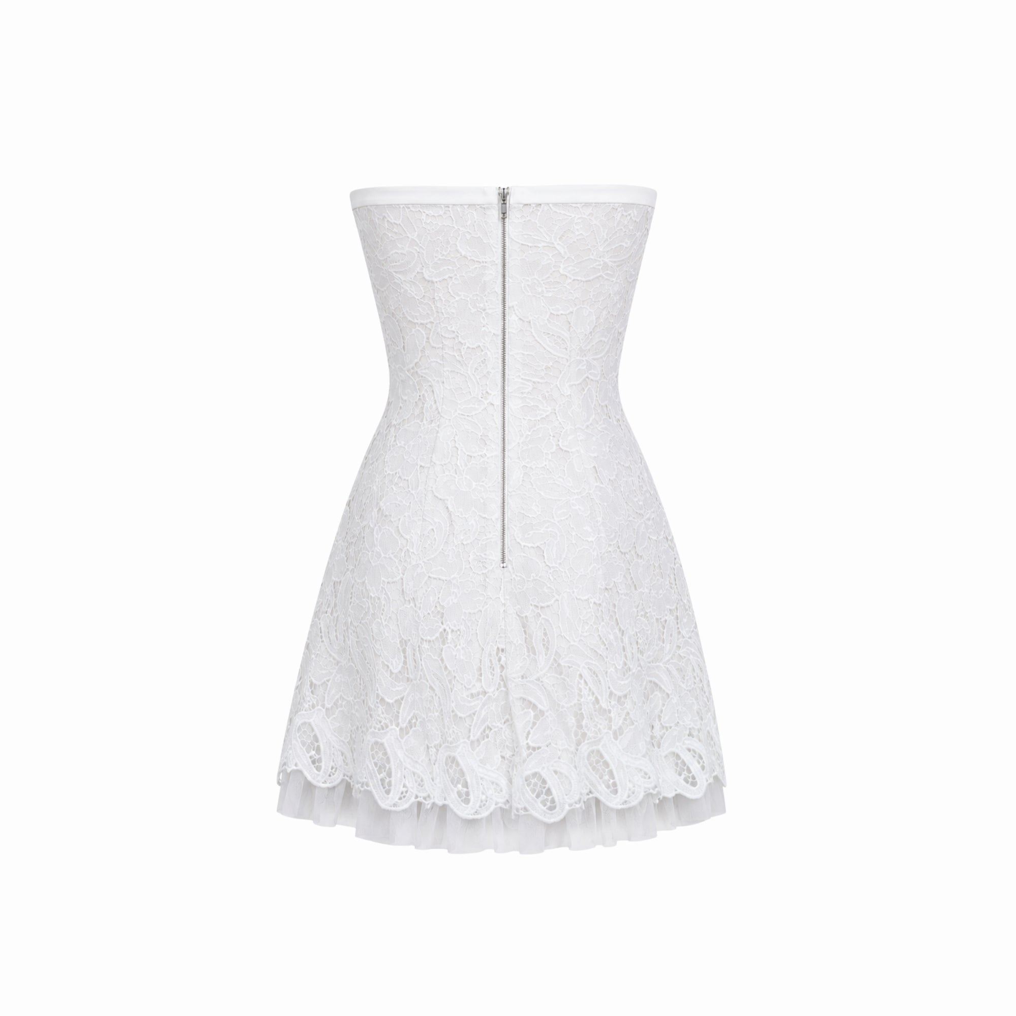 Ghost mannequin back view of white strapless lace short dress displaying premium lace texture, tulle underlay, and zip closure.