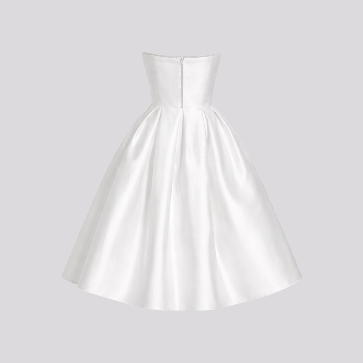 Back view of white strapless satin pleated midi dress on invisible mannequin showing zipper.