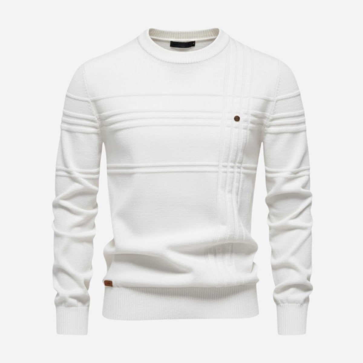 Flat-lay image of the white Ander Structured Knit Sweater, displaying the asymmetrical textured linear pattern on the chest.