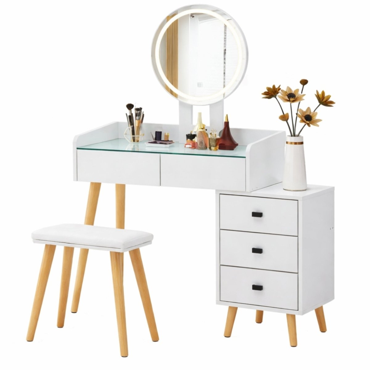 Studio shot of the minimalist white Kouvr makeup vanity desk highlighting the clean lines, glass top display, and three-drawer side cabinet.