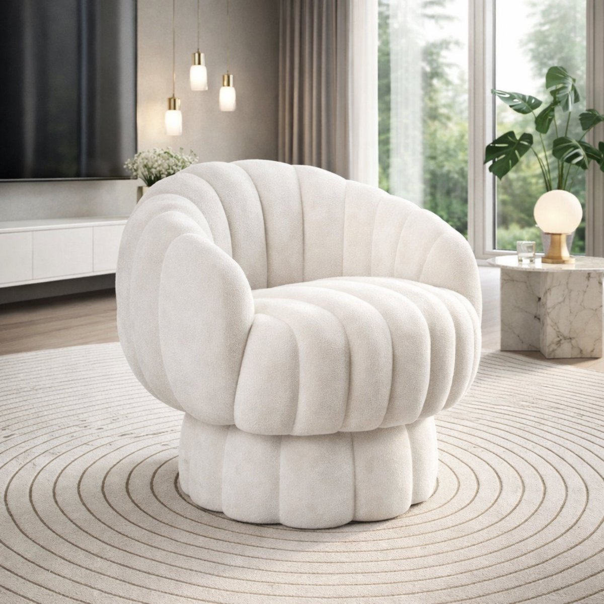 White velvet fluted swivel accent chair in a modern luxury living room setting by Kouvr.