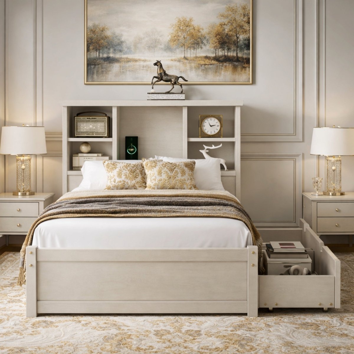 Front view of a space-saving twin platform bed featuring dual under-bed storage drawers and a multi-shelf headboard decorated with luxury home accents.