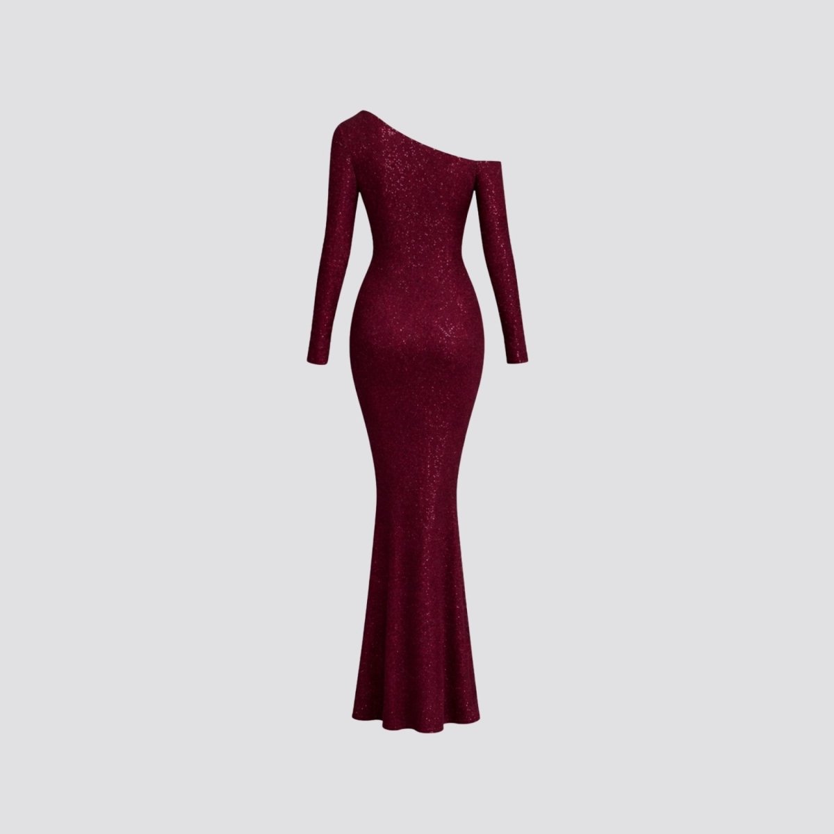 Back view product shot of the dark wine red shimmery one-shoulder evening gown.