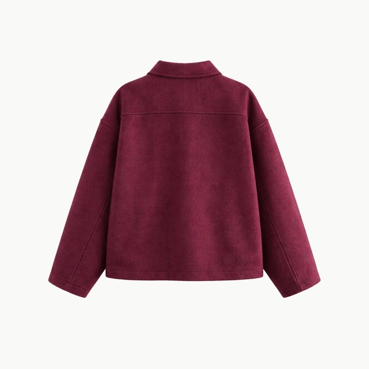 Back view flat lay of Kouvr dark red wool zip up jacket showing back yoke styling