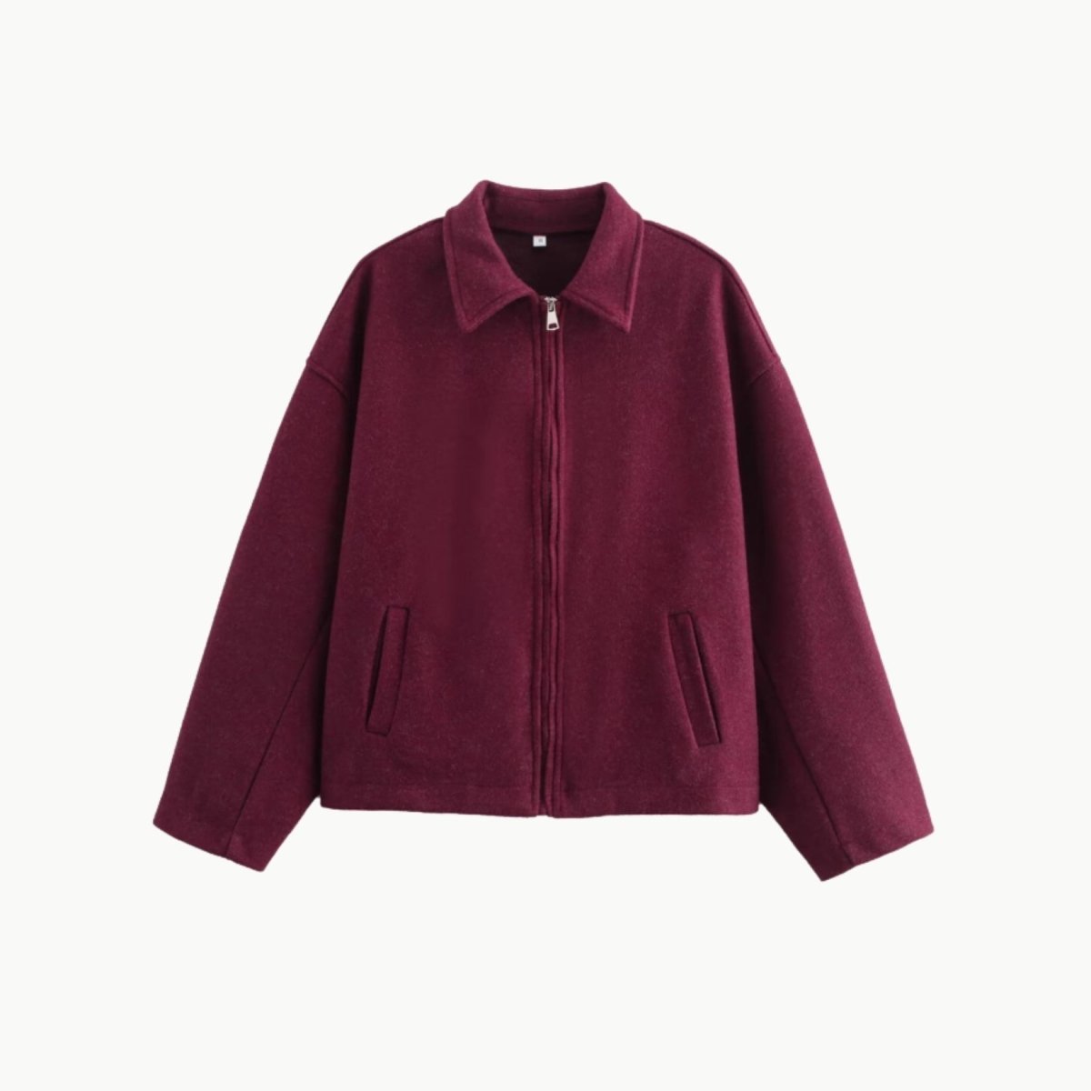 Front view flat lay of Kouvr wine collared zip up jacket with dual front pockets
