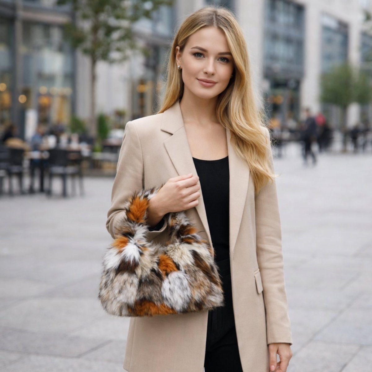A woman in a beige blazer holding the soft Kouvr Nerrisa plush handbag, showing its texture and size.