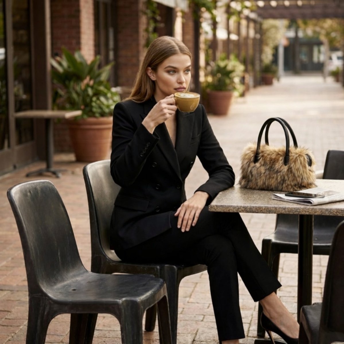 A stylish woman in a black power suit sitting at a cafe with the Kouvr brown ombre faux fur tote bag on the table.
