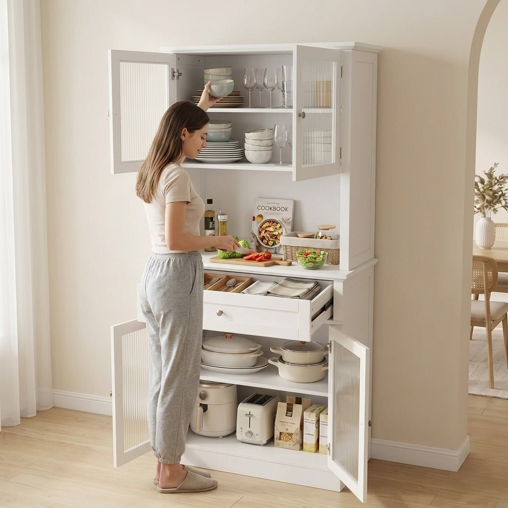 Woman organizing a luxury white hutch coffee bar featuring reeded glass display shelves and spacious lower storage.