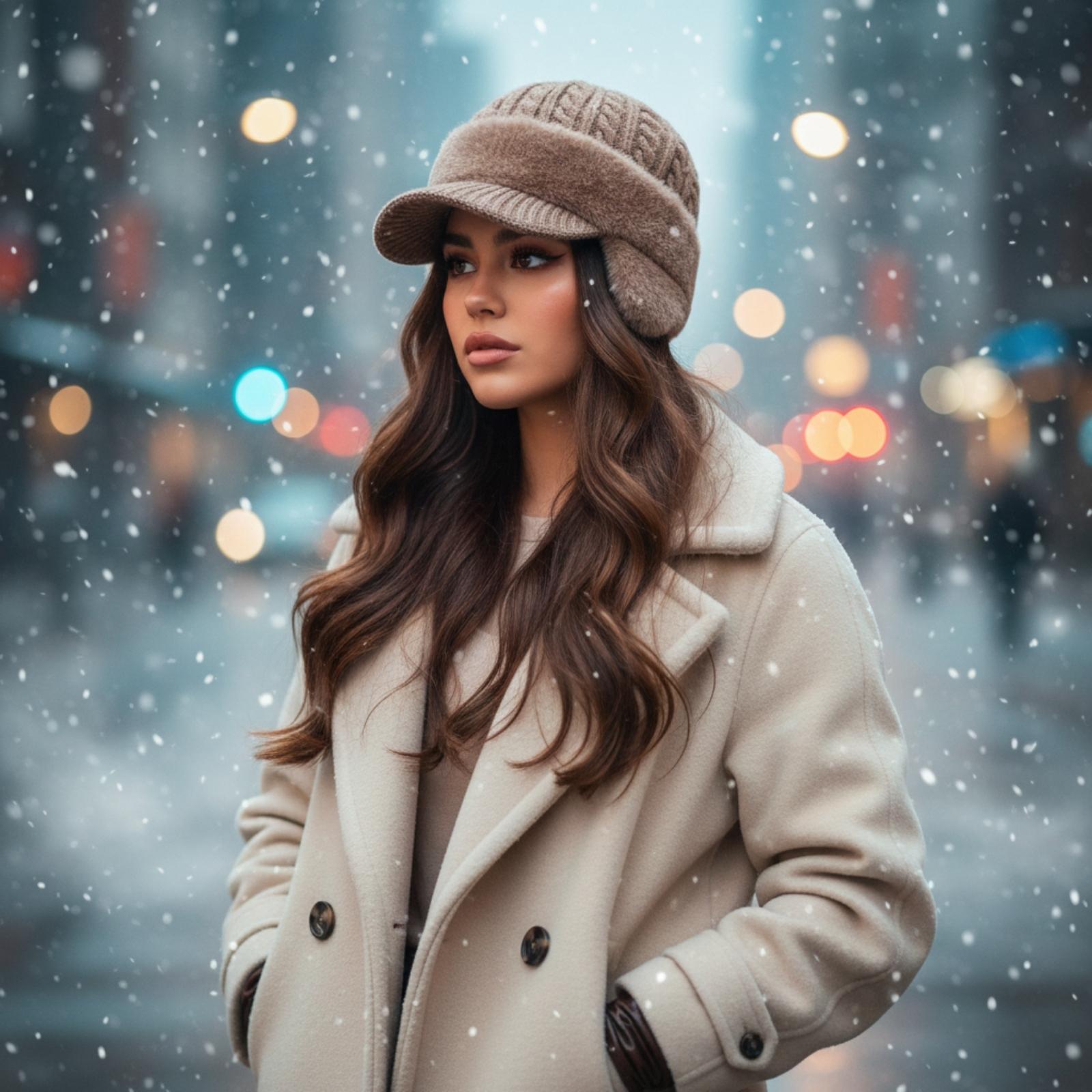 Elegant woman with long hair wearing the taupe brown Kouvr Aspen trapper hat paired with a cream-colored coat in the snow.