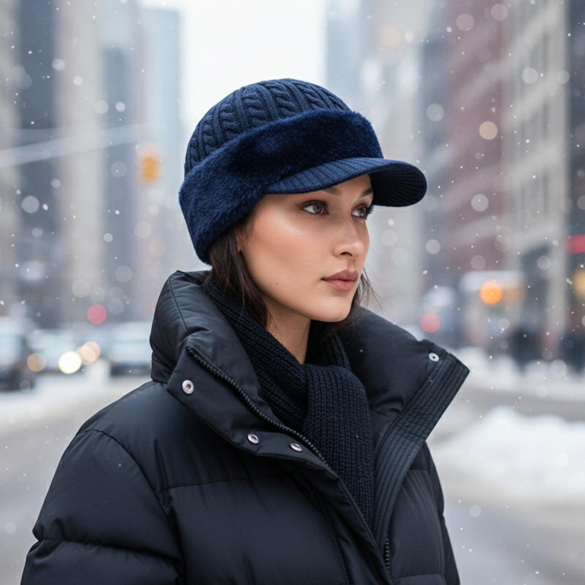 Elegant woman wearing the Kouvr navy trapper hat with a black puffer jacket and scarf, looking off to the side in a snowy city, demonstrating its versatile style for women.