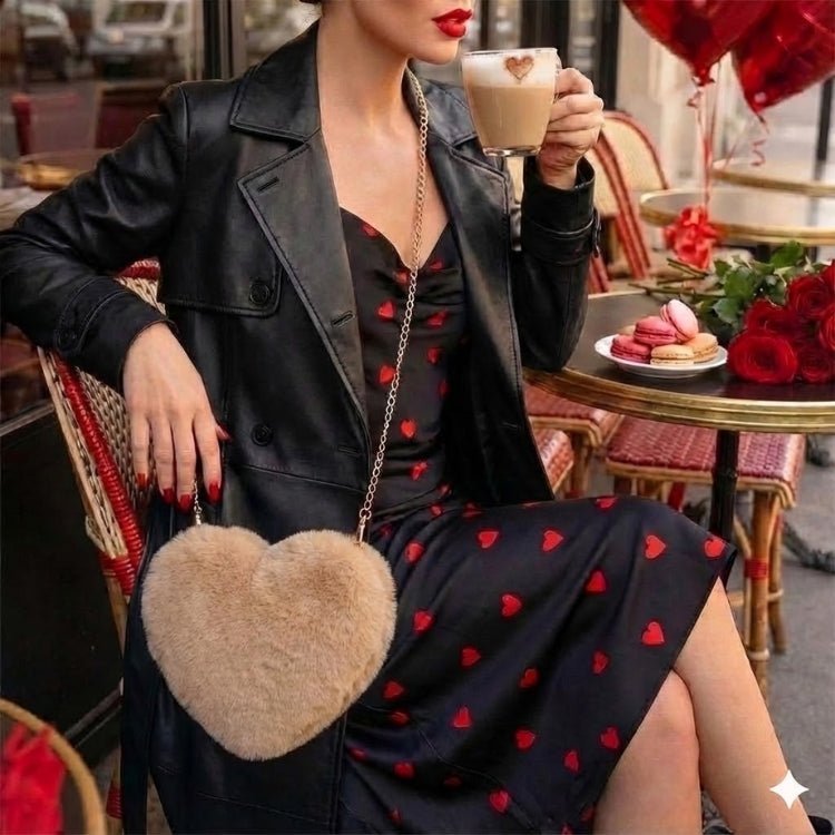 A stylish woman wearing a heart-print dress and leather jacket holds a latte with heart foam art, with the Kouvr Fashion brown faux fur heart bag on her lap.