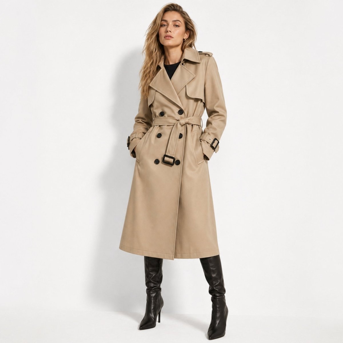 Female model posing with hands in pockets wearing a stylish khaki trench coat with adjustable waist belt