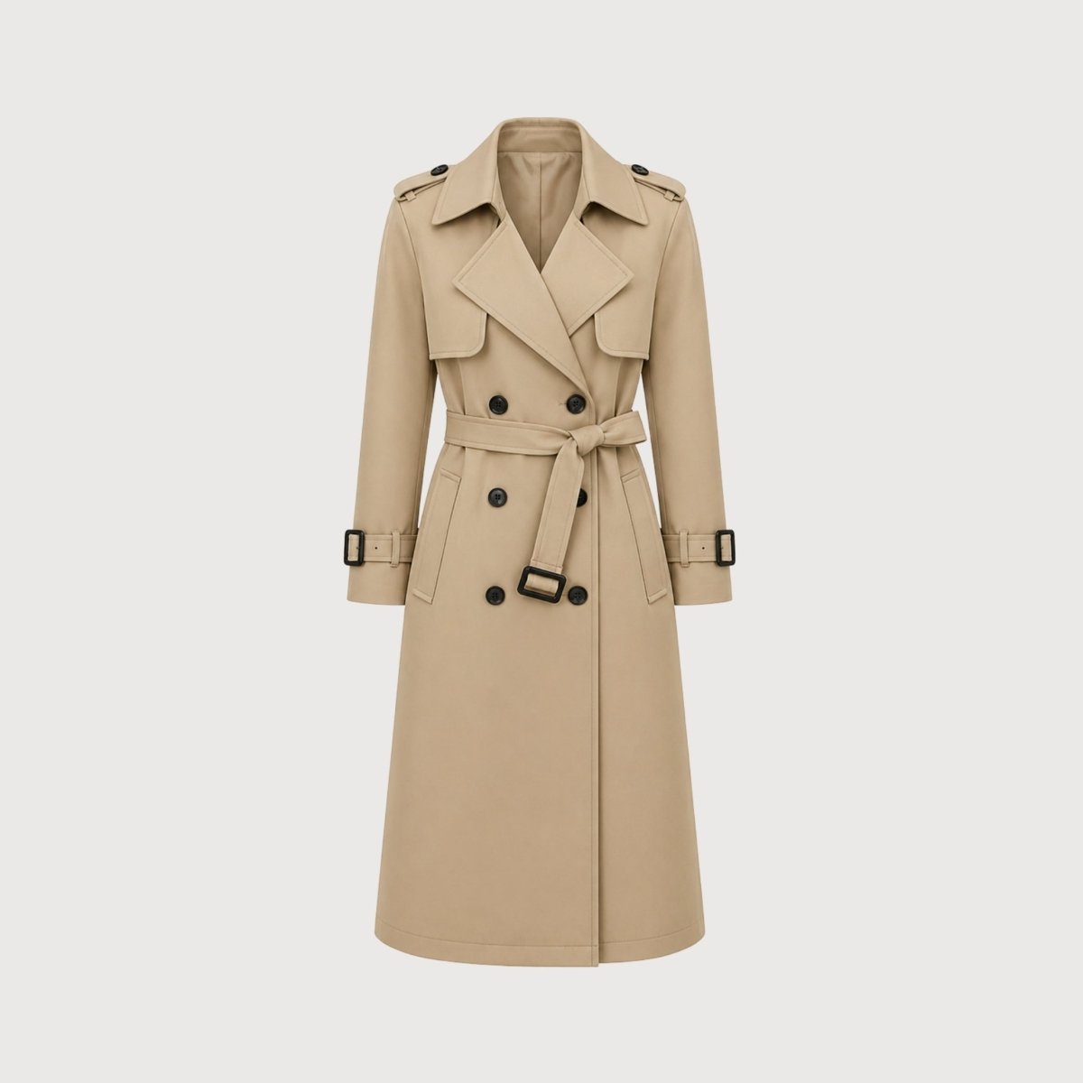 Flat lay product shot of the front of a women's khaki double-breasted trench coat with black buckle details
