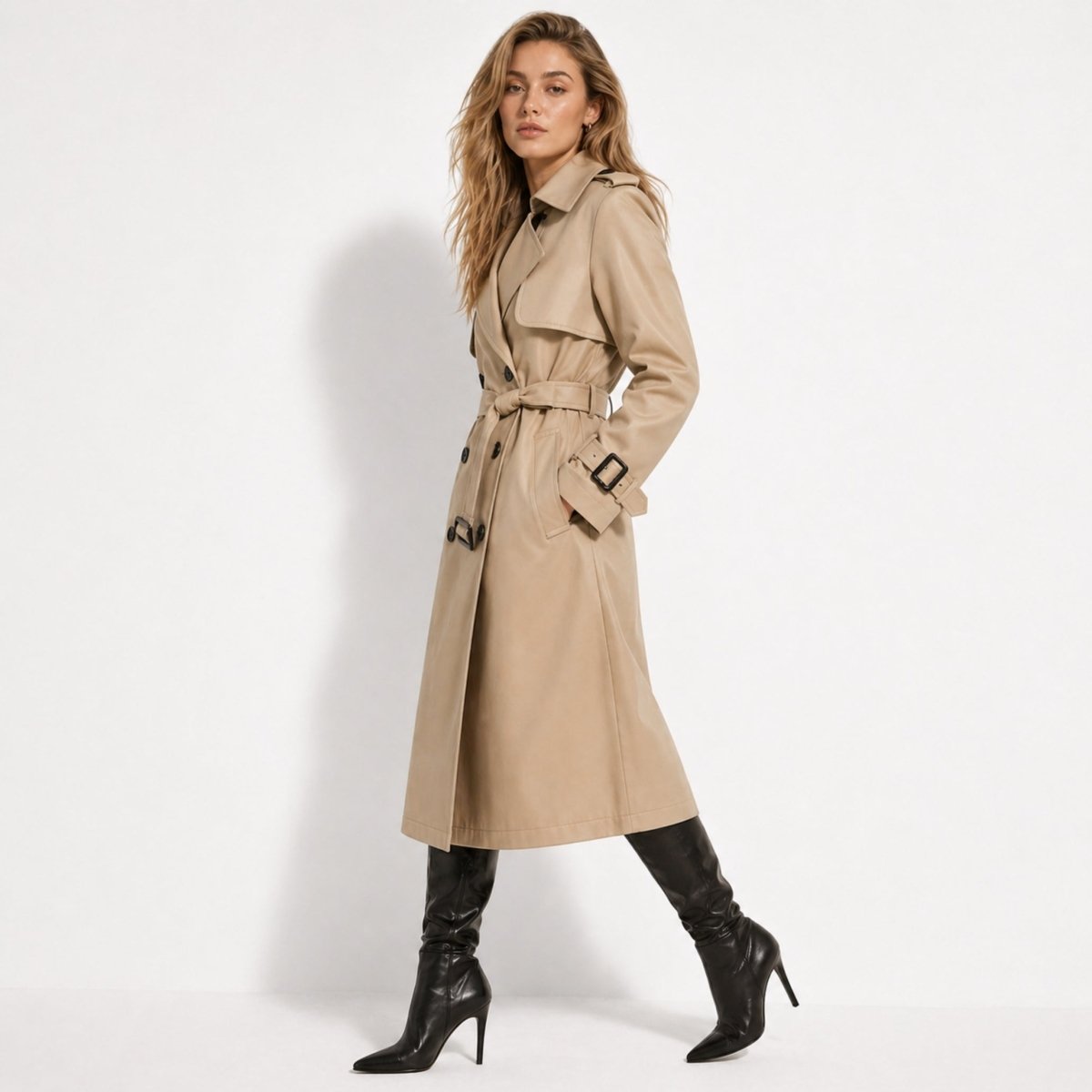 Side profile of a woman walking in a structured midi-length khaki trench coat and black leather boots