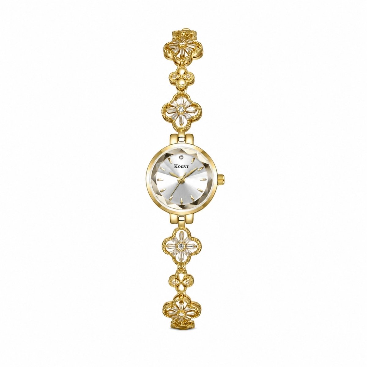 Close up front view of elegant women's gold bracelet watch with crystal clover design and faceted glass dial