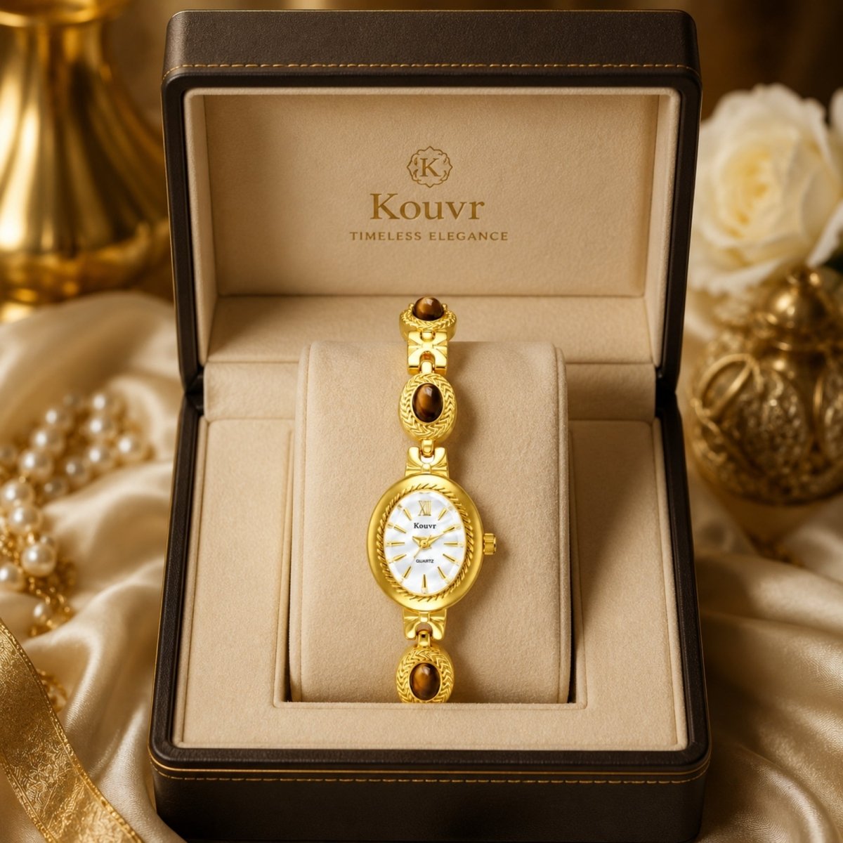 Close-up of Kouvr women's gold vintage bracelet watch featuring an oval dial and brown tiger's eye gemstone links, resting inside a luxury beige display box.