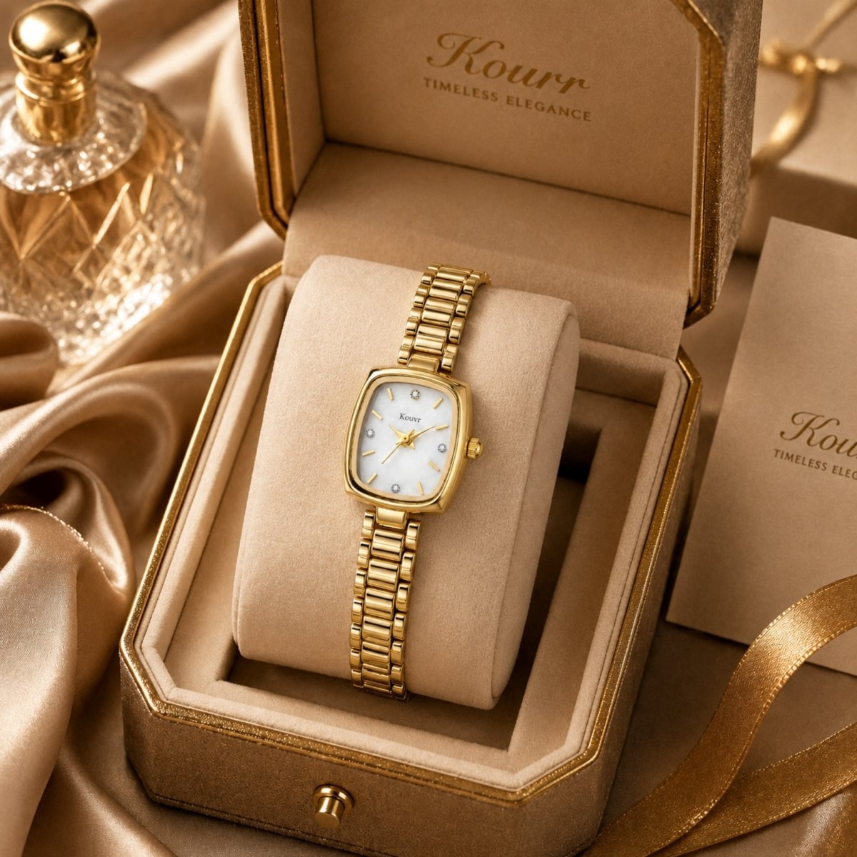 Kouvr women's gold square watch with mother of pearl dial resting inside a premium suede luxury presentation box.