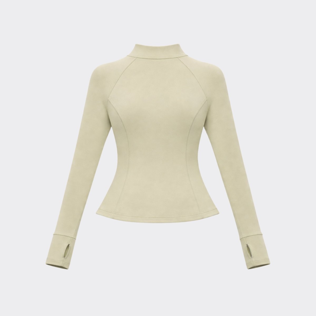 Flat lay back view of the women's green workout jacket highlighting the curve-enhancing back stitching.